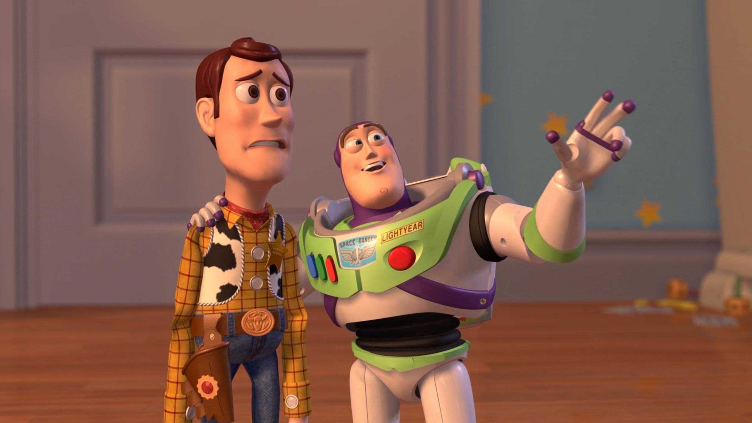 Buzz Lightyear gestures expansively while Woody looks concerned.